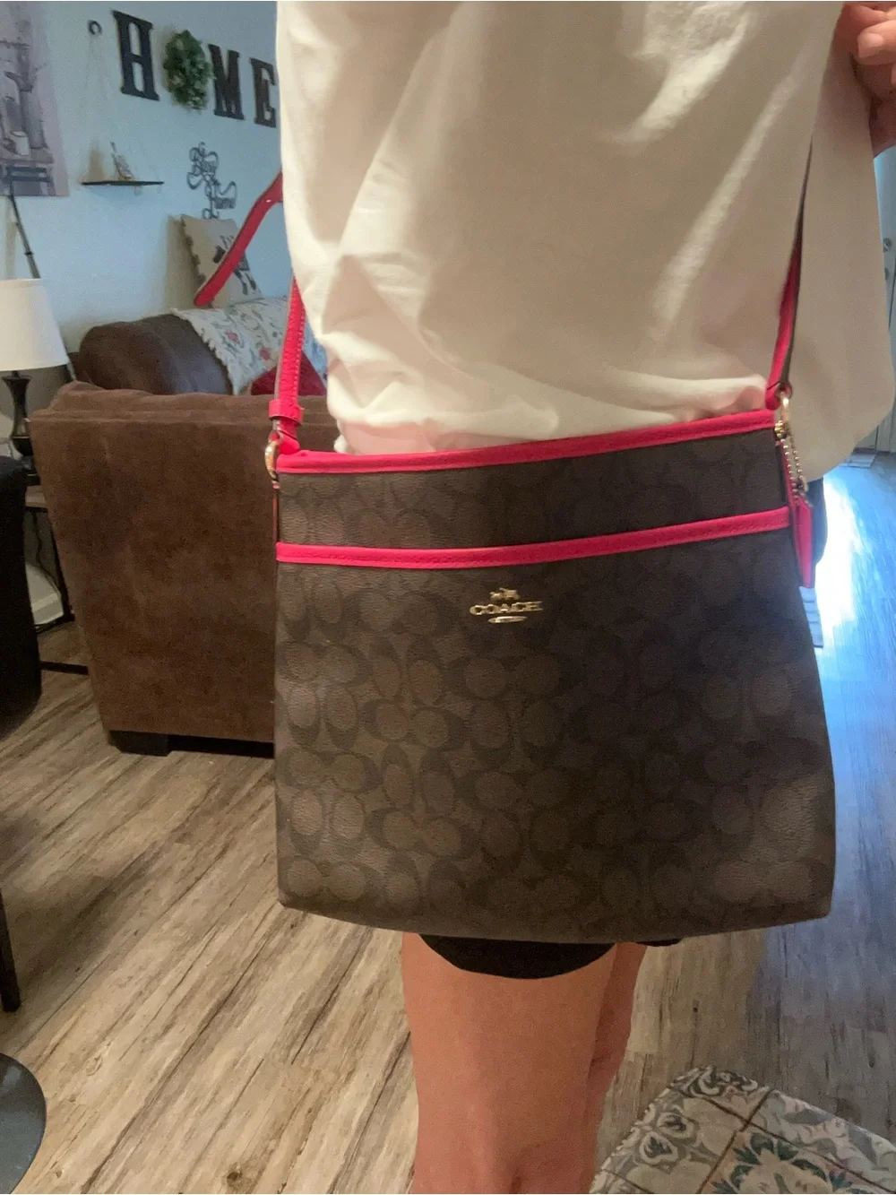 Coach Brown Signature File Bag Crossbody with Bright Fuchsia  Trim
